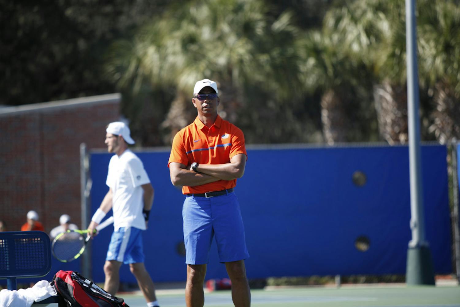 UF men's tennis coach Bryan Shelton looks on during Florida's 4-2 win against UCLA on Feb. 5, 2017, at the Ring Tennis Complex.