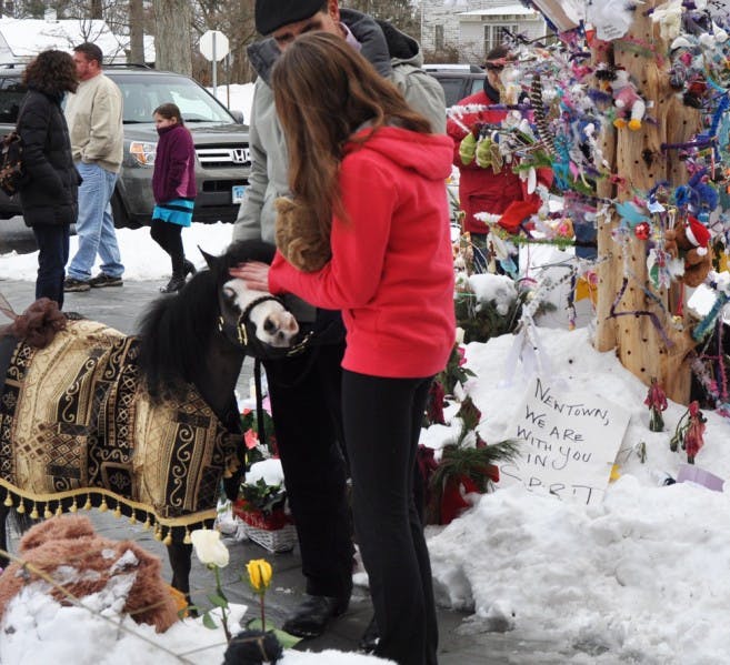 Magic, a Gentle Carousel mini horse of High Springs, comforts a Newtown, Conn., girl at a memorial site in the town. Gentle Carousel Miniature Therapy Horses is visiting the Newtown community to aid in the healing process.