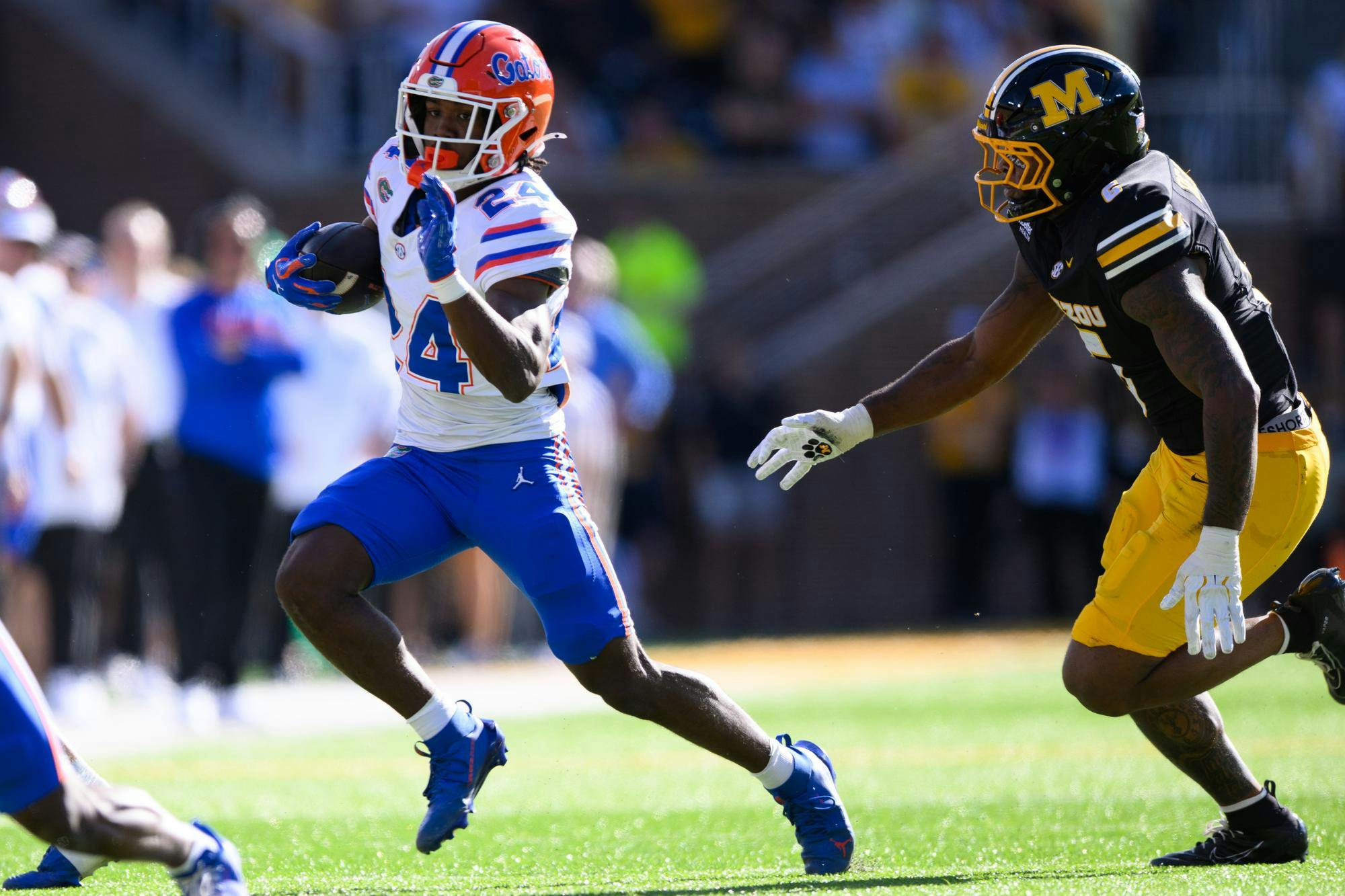 Florida running back London Montgomery (24) rushes during the first half of an NCAA college football game against Missouri, Saturday, Oct. 3, 2026, in Columbia, Mo.
