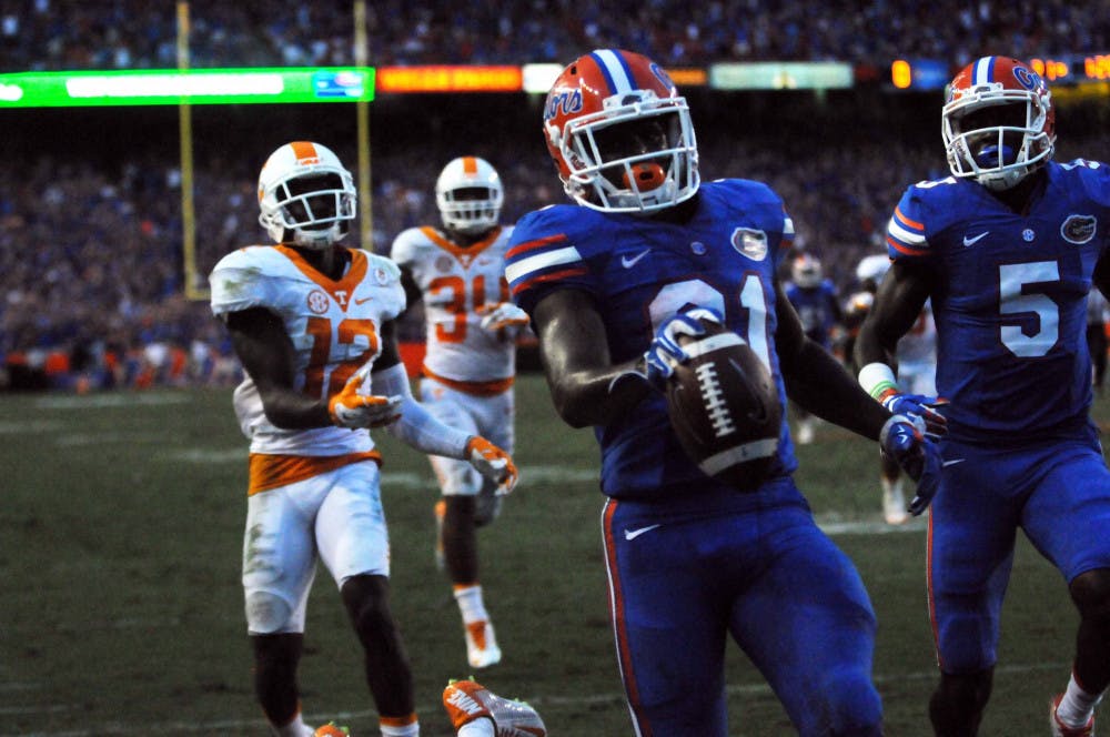 <p>UF wide receiver Antonio Callaway runs into the end zone for a touchdown during Florida's 28-27 win against Tennessee on Sept. 26, 2015, at Ben Hill Griffin Stadium.</p>