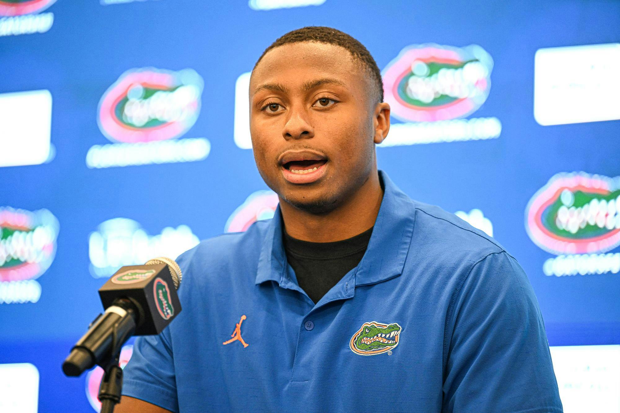 Florida Gators quarterback DJ Lagway speaks after Billy Gonzales at the interim coach’s opening press conference on Monday, Oct. 20, 2025, in Gainesville, Fla.