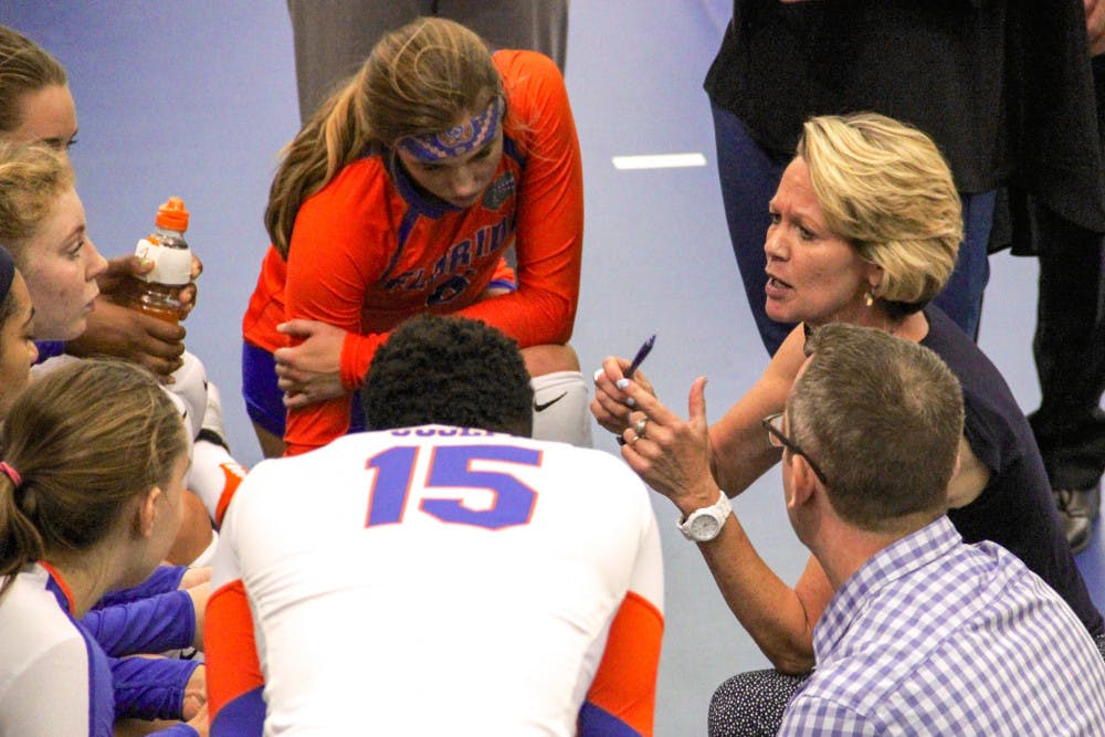 <p>UF coach Mary Wise talks with her players during Florida's 3-1 win over Marshall on Sept. 17, 2016, in the Lemerand Athletic Center.  </p>
