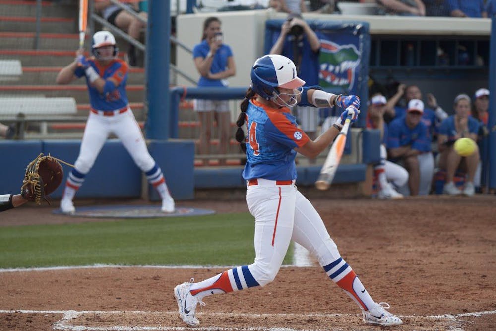 <p>UF shortstop Sophia Reynoso swings at a pitch during Florida's 15-7 win against Bethune-Cookman on March 29, 2017, at Katie Seashole Pressly Stadium.</p>