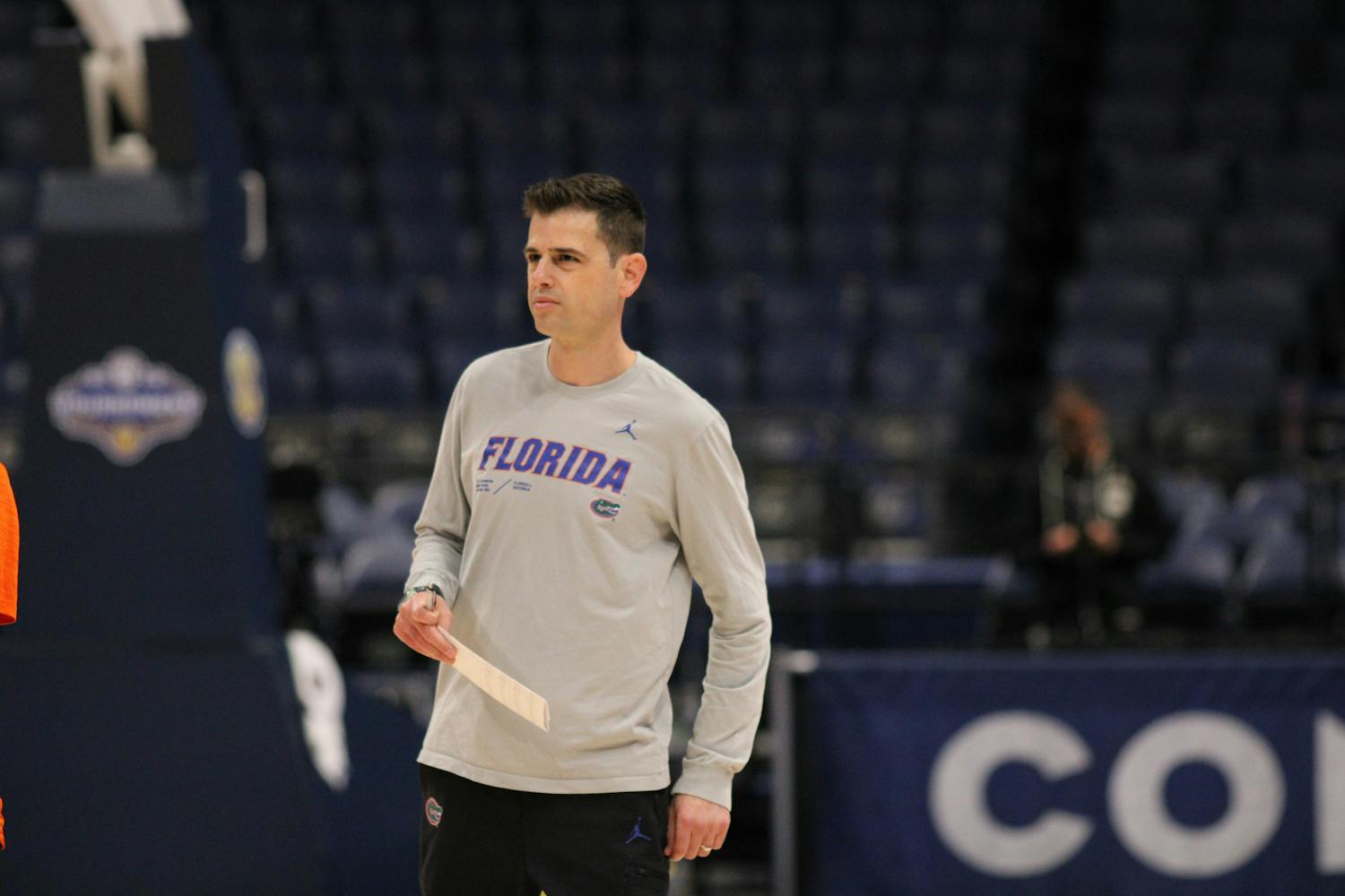 Florida head coach Todd Golden stands on the court during the Gators' practice the day before their Southeastern Conference tournament game Wednesday, March 8, 2023.