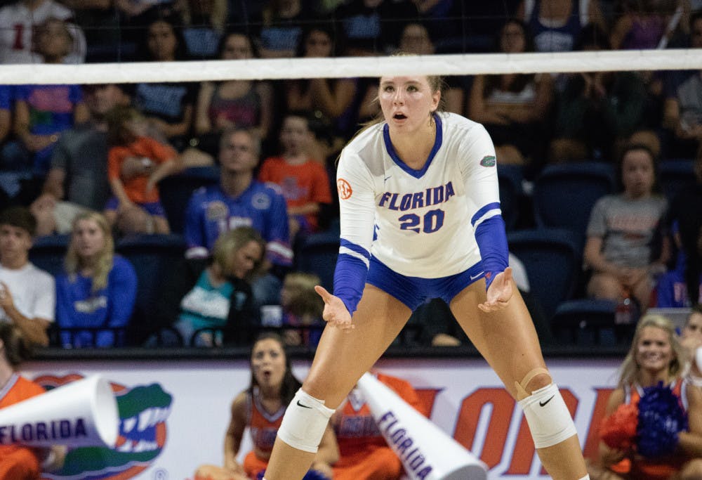 <p>Outside hitter Thayer Hall posted a team-high 12 kills against Florida State to help the No. 11 Gators to a 3-1 win in Tallahassee Wednesday night. </p>