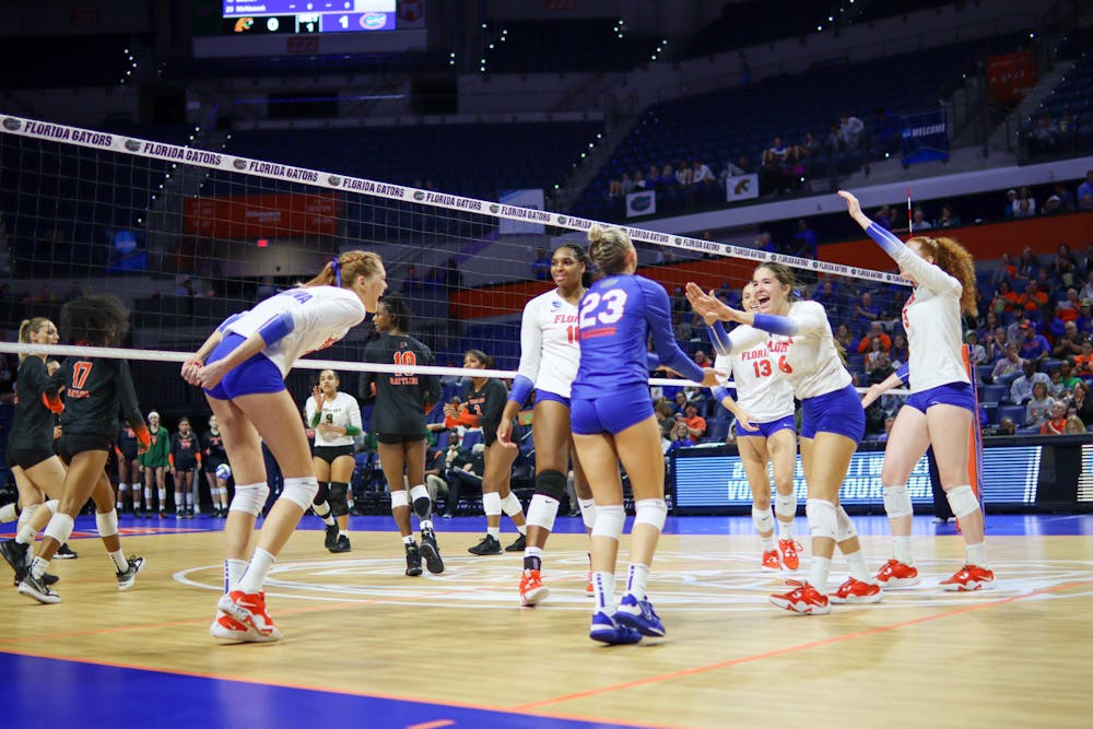 The Florida Gators volleyball celebrates during its first round win over the Florida A&M Rattlers Friday, Dec. 2, 2022. 