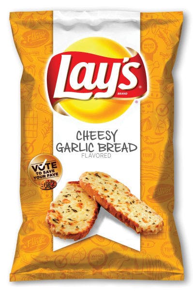 This product photo provided by Lay's shows a bag of their Cheesy Garlic Bread flavored potato chips. The new flavor, along with two others - Chicken &amp; Waffles and the Thai-inspired Sriracha - will be sold at retailers nationwide starting in mid-February 2013. After trying them, fans have until May to vote for their favorite. The flavor with the most votes in May will stay on store shelves. The other two will be discontinued. (AP Photo/Lay's)