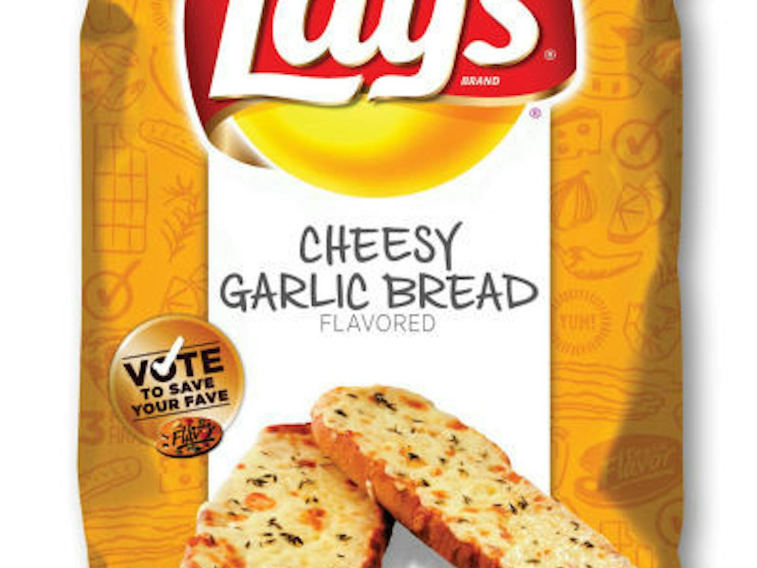 This product photo provided by Lay's shows a bag of their Cheesy Garlic Bread flavored potato chips. The new flavor, along with two others - Chicken &amp; Waffles and the Thai-inspired Sriracha - will be sold at retailers nationwide starting in mid-February 2013. After trying them, fans have until May to vote for their favorite. The flavor with the most votes in May will stay on store shelves. The other two will be discontinued. (AP Photo/Lay's)
