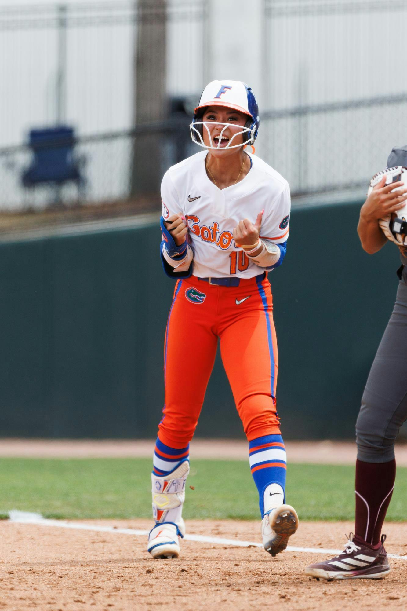 Florida Gators infielder Gabi Comia yells after an rbi bunt during an NCAA softball game against Mississippi State, Sunday, April 5, 2026, in Gainesville, Fla.