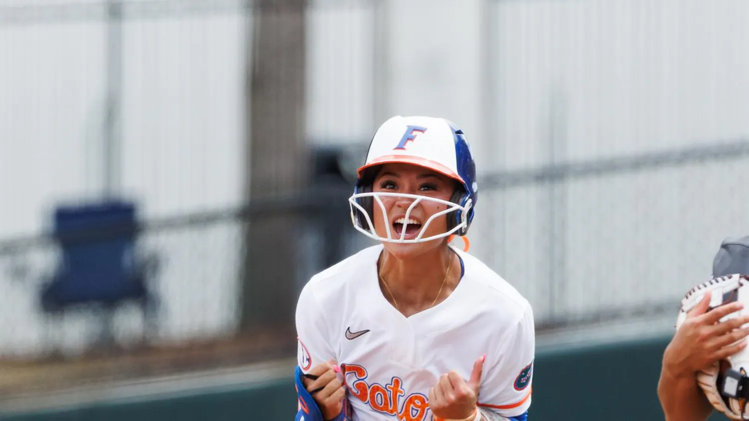 Florida Gators infielder Gabi Comia yells after an rbi bunt during an NCAA softball game against Mississippi State, Sunday, April 5, 2026, in Gainesville, Fla.