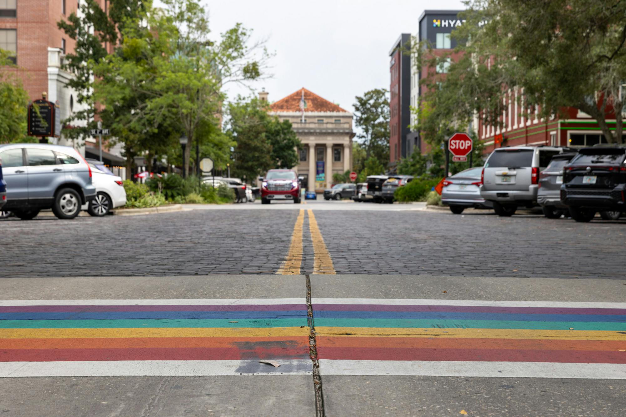 The rainbow crosswalk on SE First Street in Bo Diddley Plaza is seen on Sunday, Aug. 24, 2025.