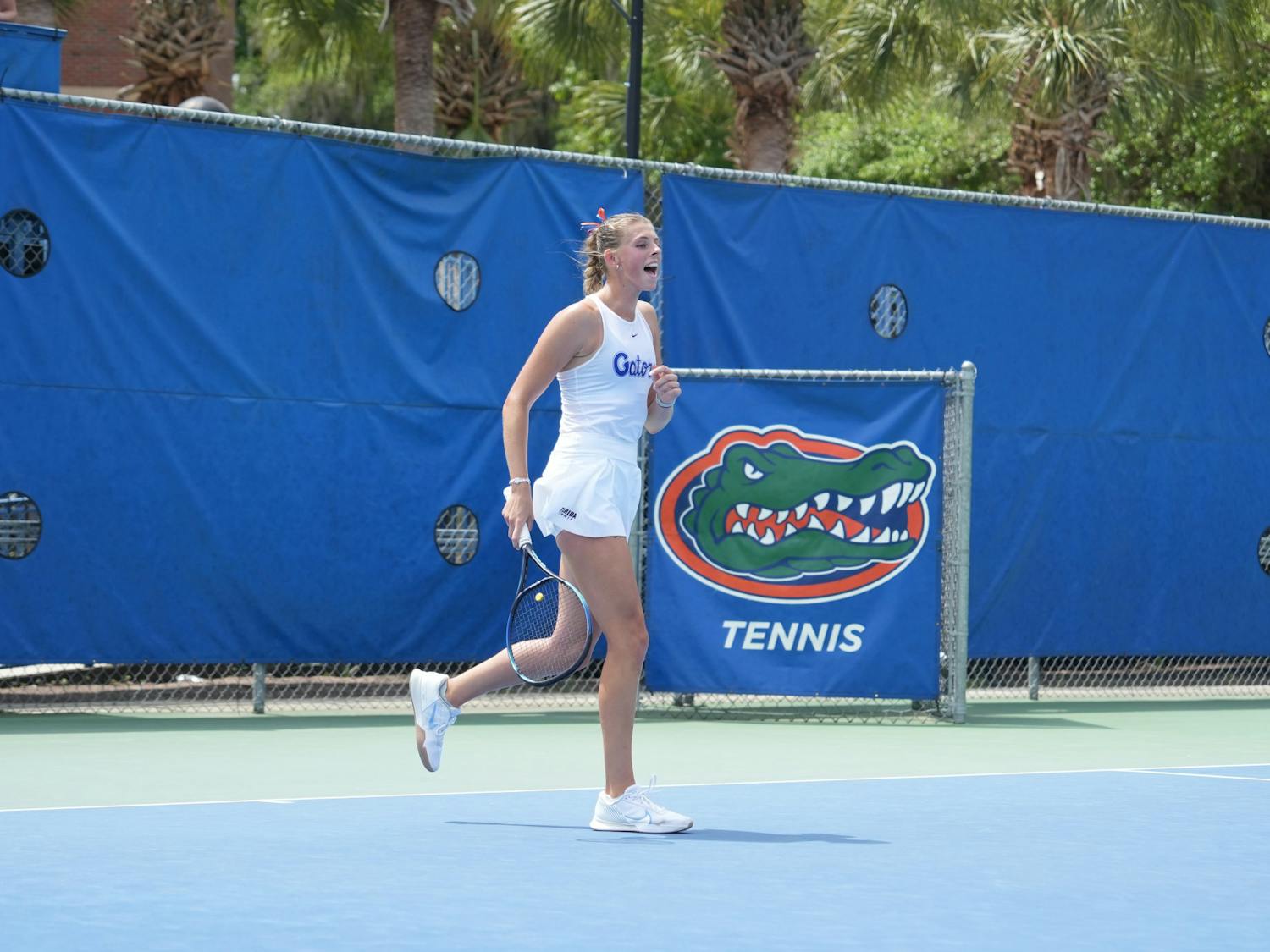 Florida's Alicia Dudeney celebrates winning a singles point in the team's win over Ole Miss on Sunday, March 31, 2024. 