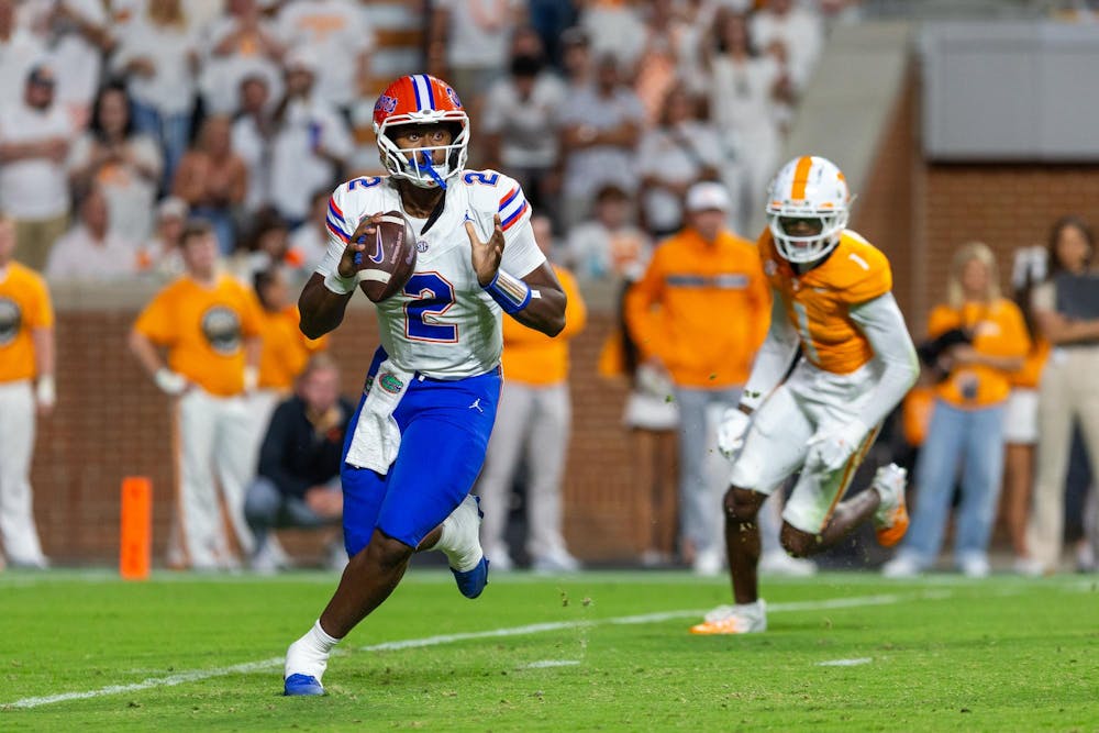 Florida Gators quarterback DJ Lagway (2) looks for an open receiver during the first half at Shields–Watkins Field at Neyland Stadium on Saturday, October 12, 2024.