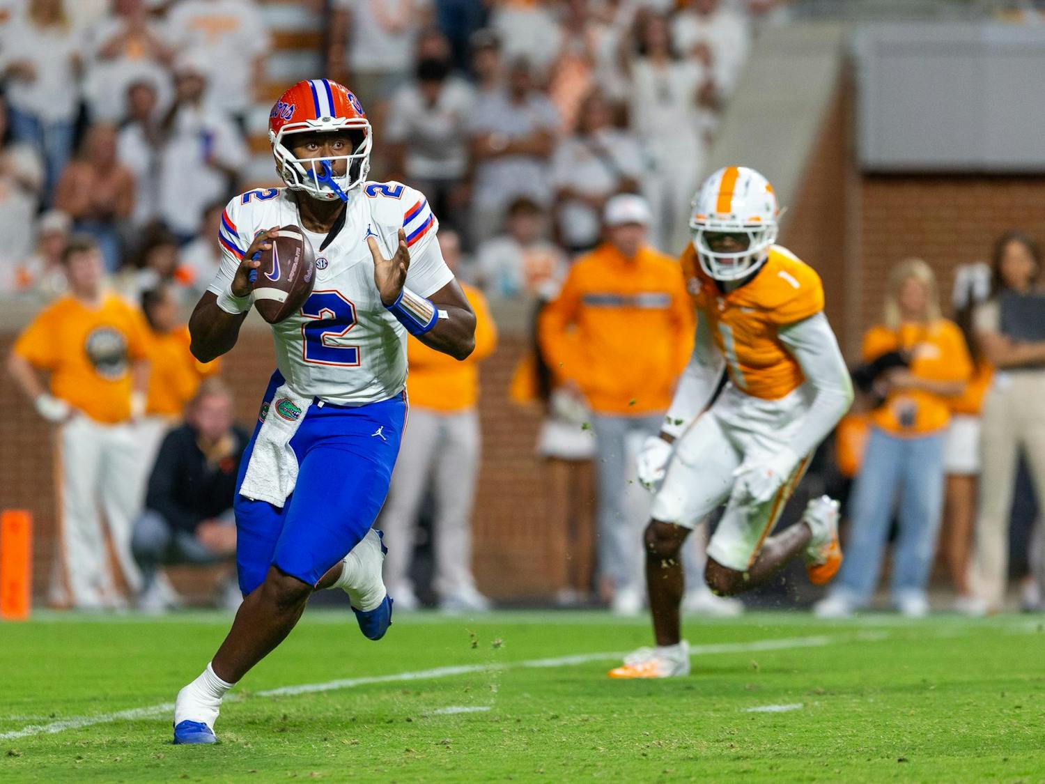 Florida Gators quarterback DJ Lagway (2) looks for an open receiver during the first half at Shields–Watkins Field at Neyland Stadium on Saturday, October 12, 2024.