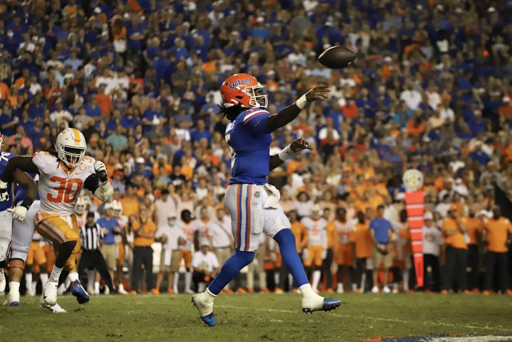Florida quarterback Emory Jones winds up to throw against Tennessee during the Gators’ 38-14 victory on Sept. 25, 2021.