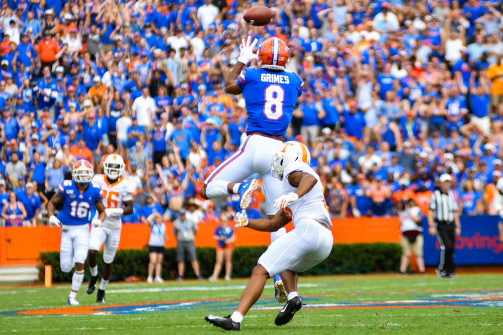 <p>Trevon Grimes recorded 60 receiving yards as Florida dismantled Tennessee.</p>