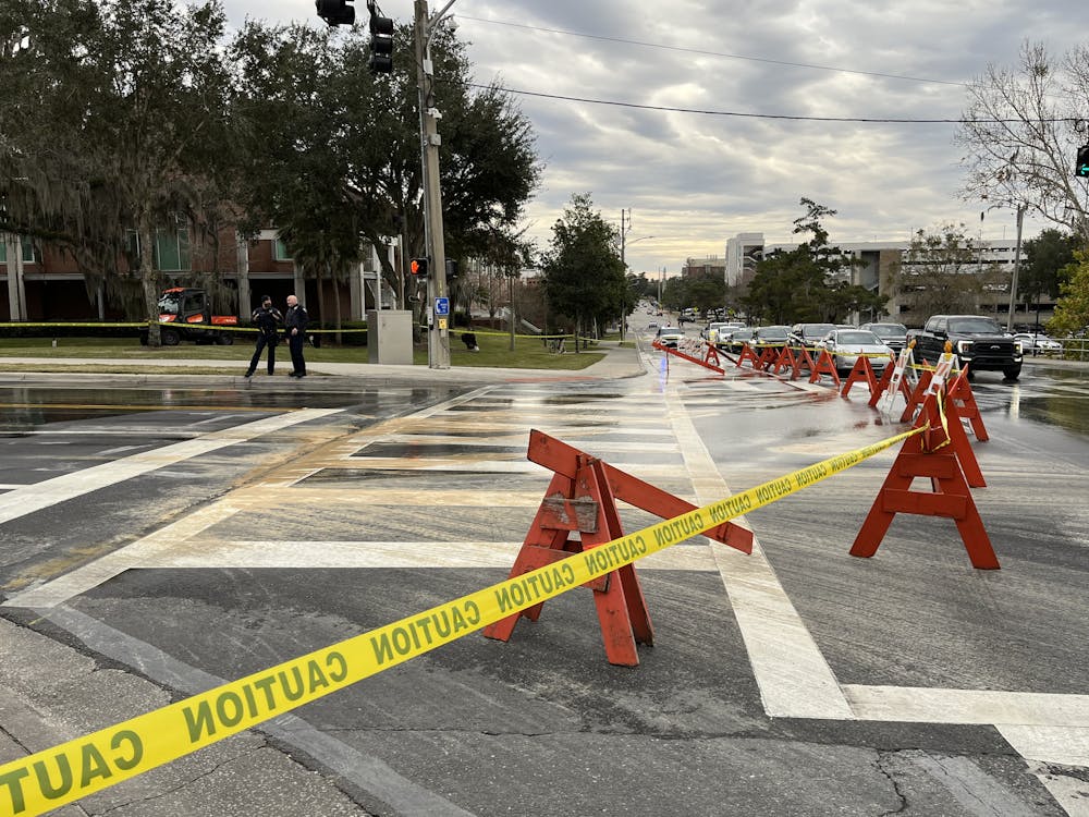 Parts of Gale Lemerand Drive and Museum Road were blocked Friday after an underground water leak. 