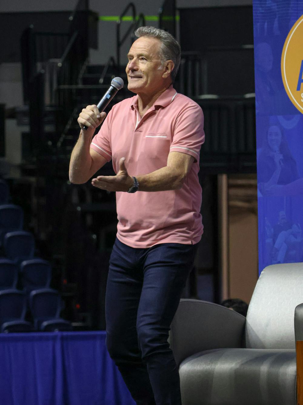 <p>Bryan Cranston speaks to a crowd of students during a UF Accent Speech on Thursday, August 21, 2025, at the Stephen C. O'Connell Center in Gainesville, Fla.</p>