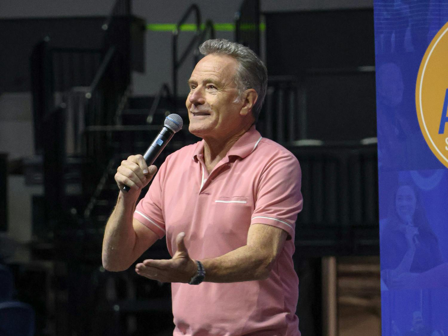 Bryan Cranston speaks to a crowd of students during a UF Accent Speech on Thursday, August 21, 2025, at the Stephen C. O'Connell Center in Gainesville, Fla.