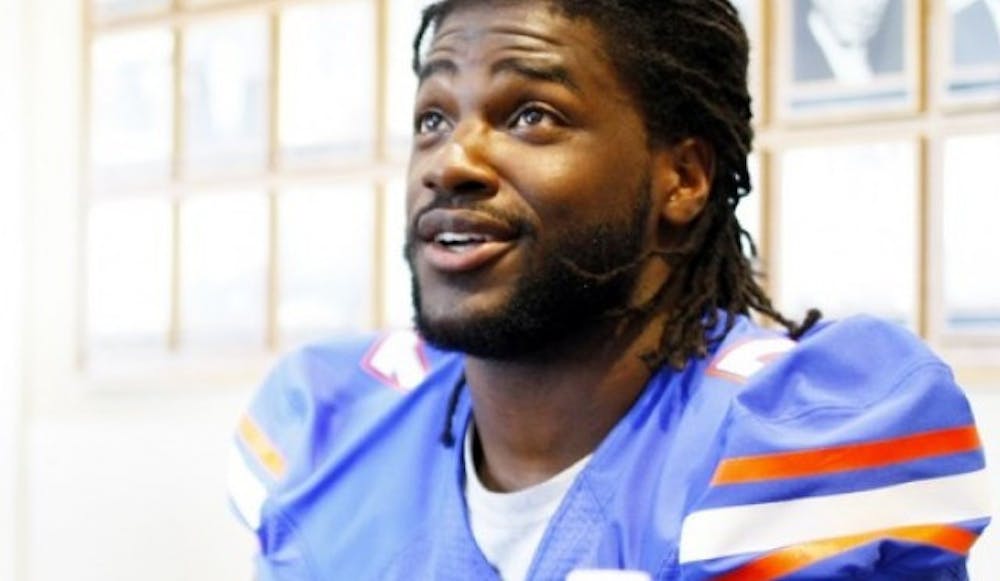 <p align="justify">Junior linebacker Ronald Powell (7) answers questions during UF Media Day on Aug. 2. Powell is currently rehabbing an ACL tear in his left knee he suffered during Florida’s spring game on April 7.</p>