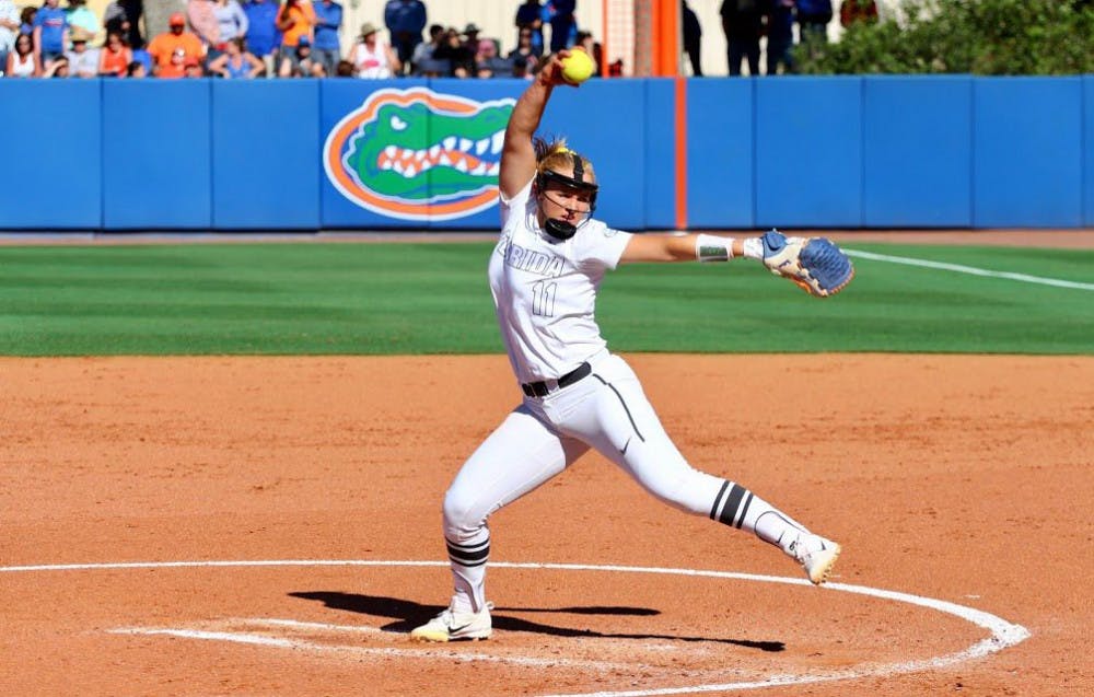 <p>UF pitcher Kelly Barnhill throws a pitch during Florida's 5-0 win against Georgia on April 8, 2017, at Katie Seashole Pressly Stadium.</p>