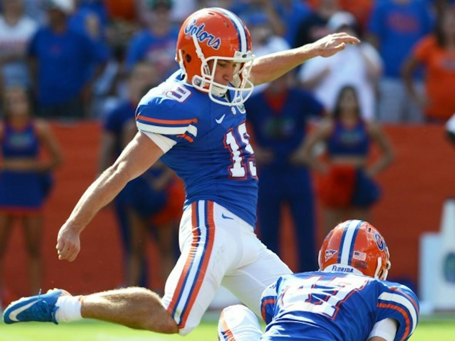 Caleb Sturgis, boots a field goal during Saturday's win against Bowling Green University at Ben Hill Griffin Stadium.