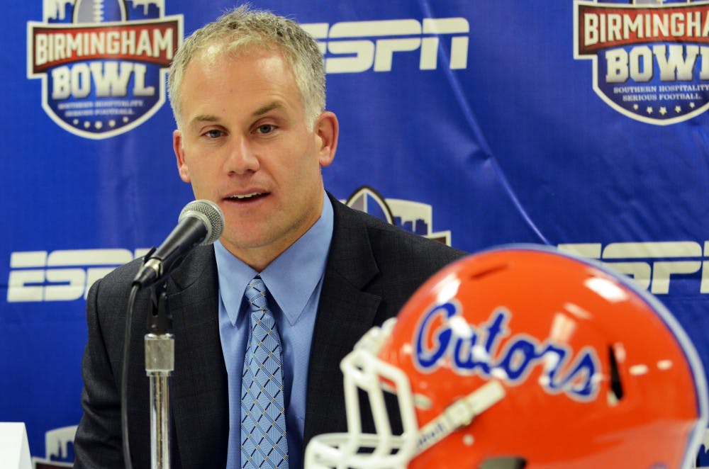 UF interim head coach D.J. Durkin speaks during a press conference at Legion Field in Birmingham, Alabama, on Friday.