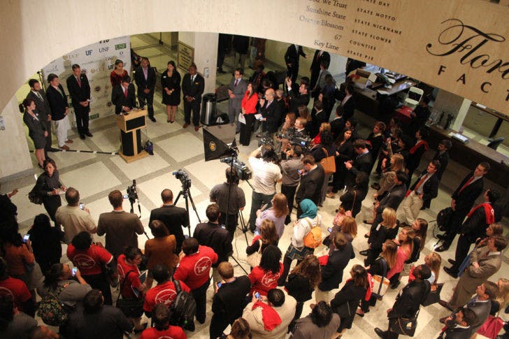 Florida Student Association chair Carlo Fassi speaks at Rally in Tally on Wednesday afternoon at the Florida Capitol. The annual event encourages lobbying for student initiatives.&nbsp;