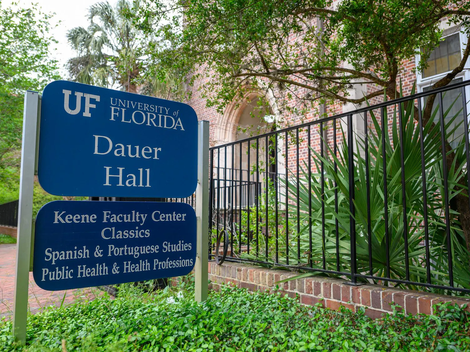 A sign for the Spanish and Portuguese departments stands outside Dauer Hall on UF's campus, Wednesday, April 8, 2026.