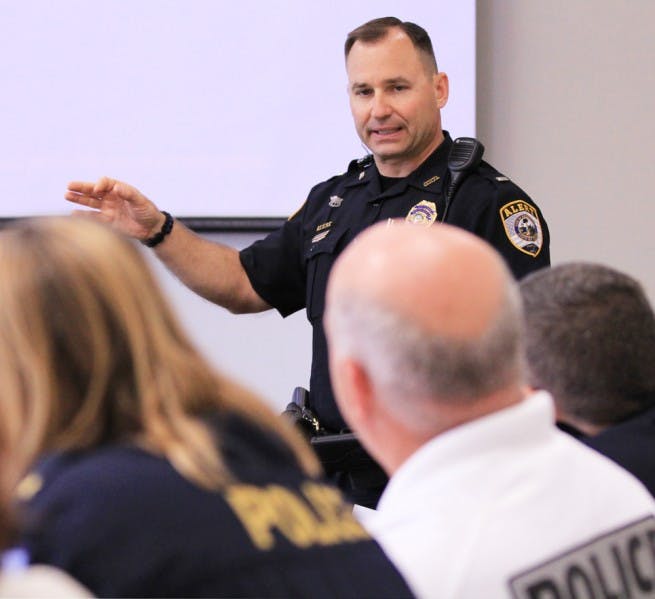 GPD Lt. Brian Helmerson speaks to the Community Alcohol Coalition at Emerson Alumni Hall on Wednesday morning.