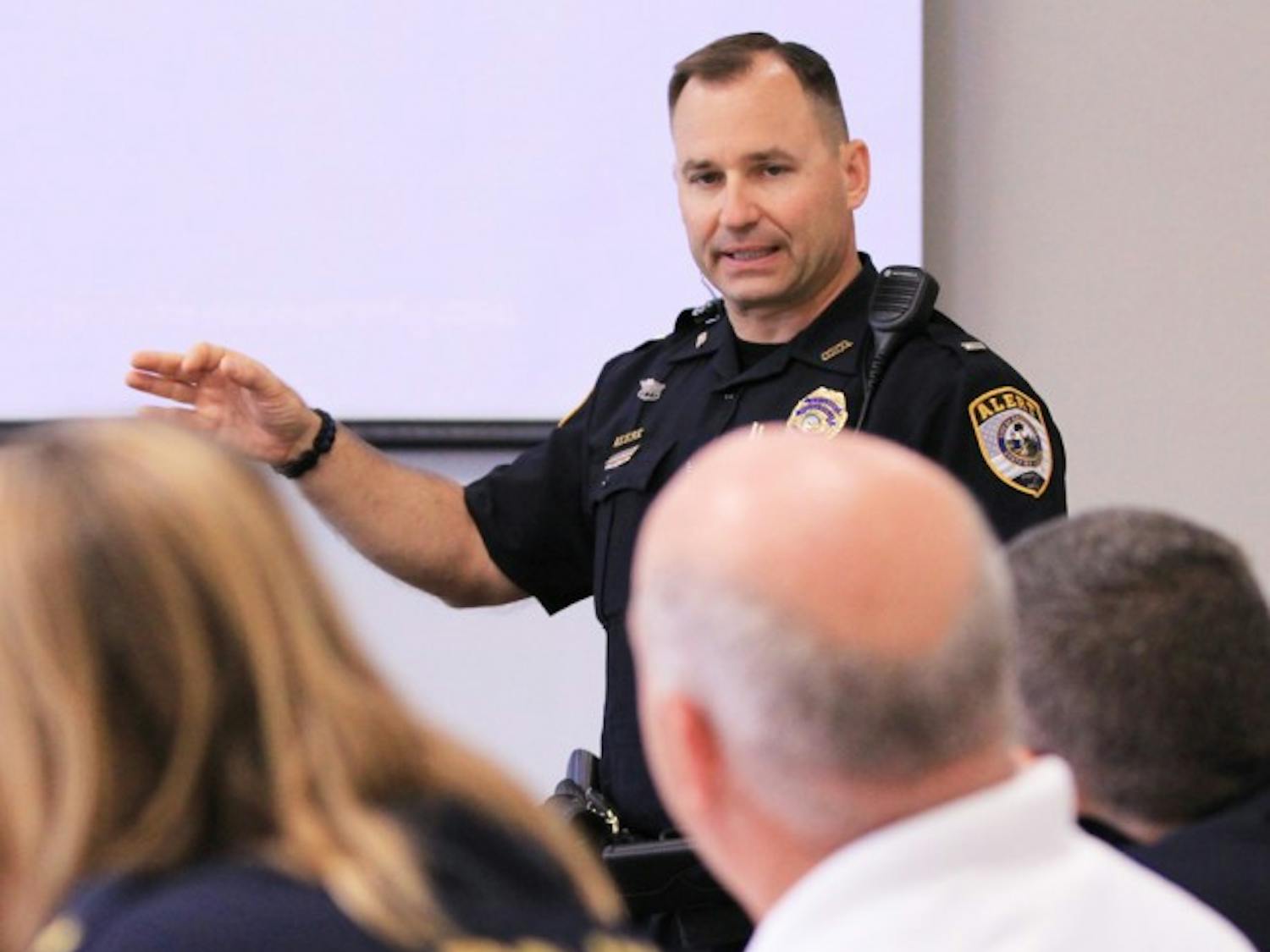 GPD Lt. Brian Helmerson speaks to the Community Alcohol Coalition at Emerson Alumni Hall on Wednesday morning.