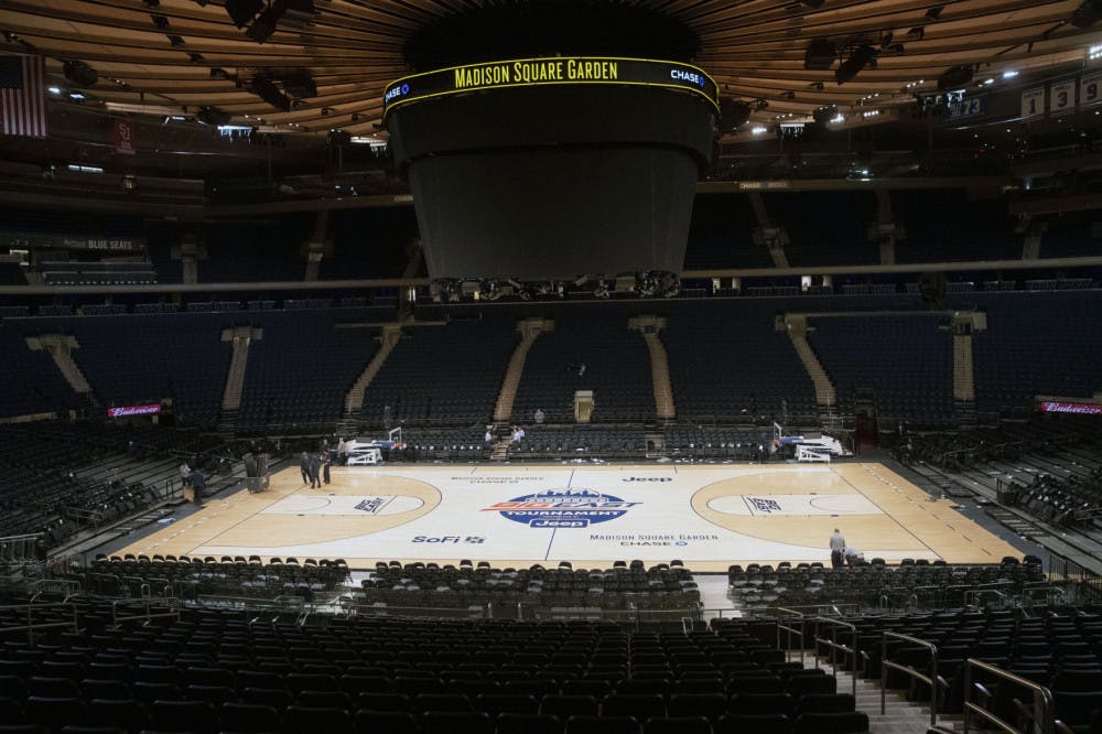 Madison Square Garden is shown after NCAA college basketball games in the men's Big East Conference tournament were cancelled due to concerns about the coronavirus, Thursday, March 12, 2020, in New York. The major conferences in college sports have all cancelled their basketball tournaments because of the new coronavirus, putting the celebrated NCAA Tournament in doubt.&nbsp;(AP Photo/Mary Altaffer)