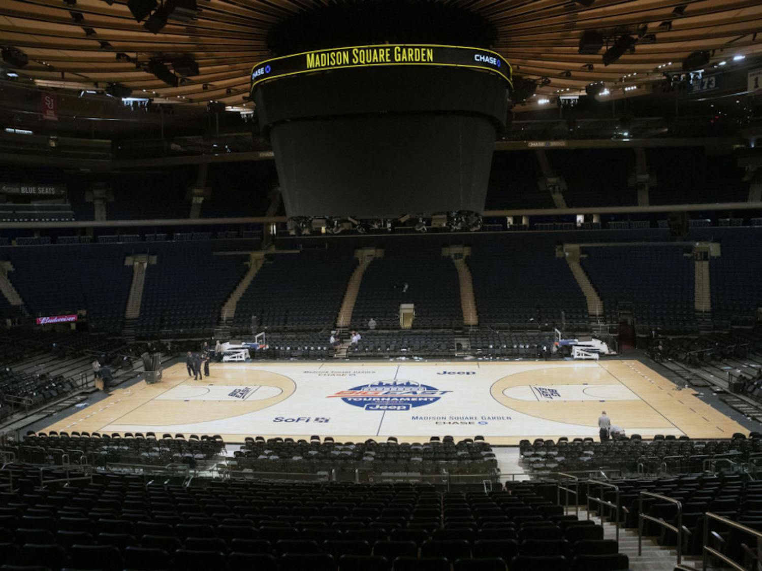 Madison Square Garden is shown after NCAA college basketball games in the men's Big East Conference tournament were cancelled due to concerns about the coronavirus, Thursday, March 12, 2020, in New York. The major conferences in college sports have all cancelled their basketball tournaments because of the new coronavirus, putting the celebrated NCAA Tournament in doubt. (AP Photo/Mary Altaffer)