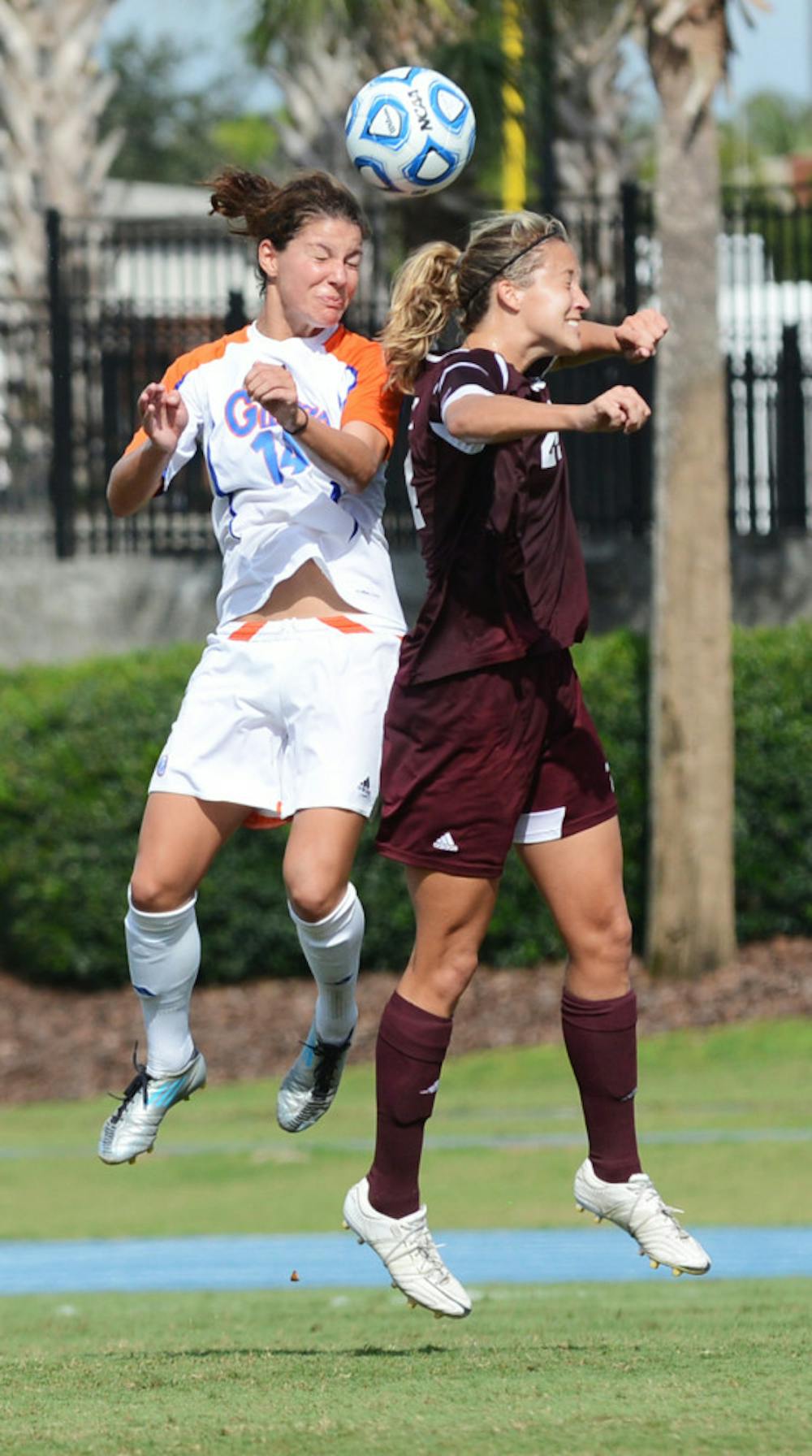 <p align="justify">Jo Dragotta battles a Mississippi State defender for the ball in Florida’s 4-1 win on Oct. 14 at James G. Pressly Stadium.</p>