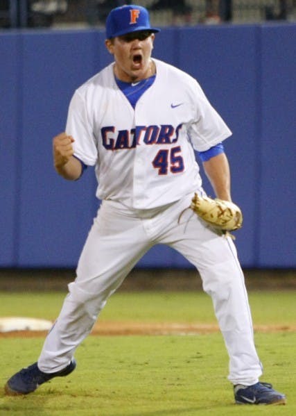 Sophomore pitcher Johnny Magliozzi pumps his fist after striking out Samford’s Tommy Corbin on March 20, 2011. Magliozzi has a 2-0 record with a 3.07 ERA and two saves in 14.2 innings this season.