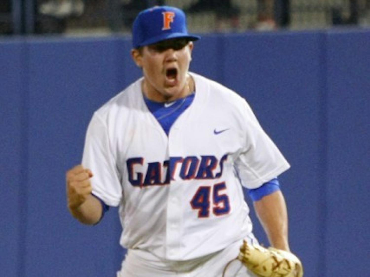 Sophomore pitcher Johnny Magliozzi pumps his fist after striking out Samford’s Tommy Corbin on March 20, 2011. Magliozzi has a 2-0 record with a 3.07 ERA and two saves in 14.2 innings this season.
