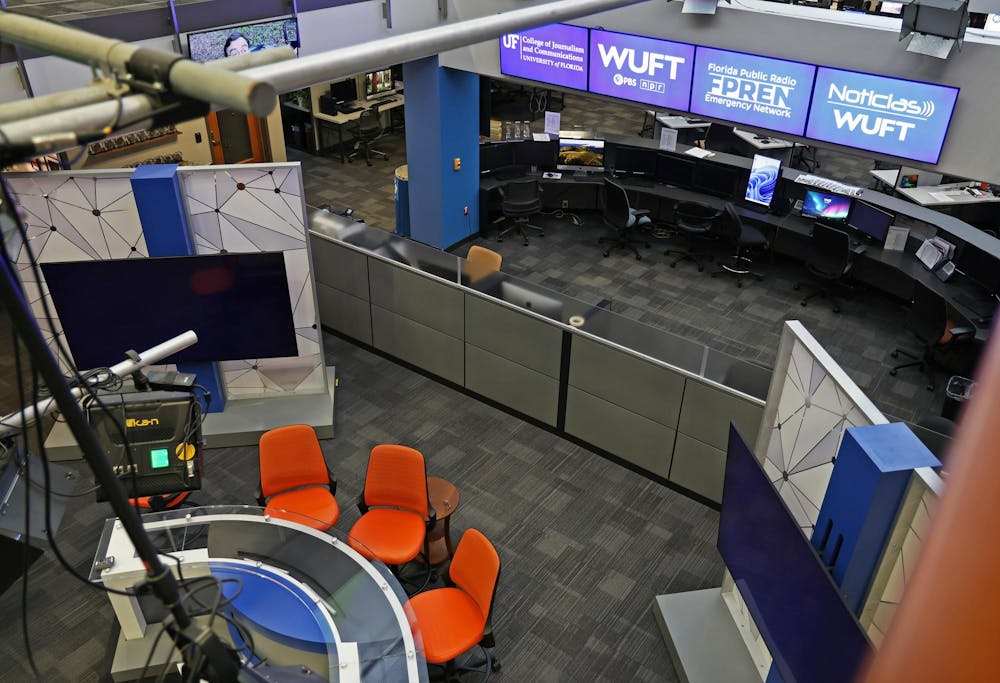 The WUFT newsroom sits empty on Sunday morning in Weimer Hall at the Univesity of Florida in Gainesville, Fla., on May 18, 2025. Students work here year-round to produce radio, television and digital news for North Central Florida.  (Libby Clifton/ Alligator)