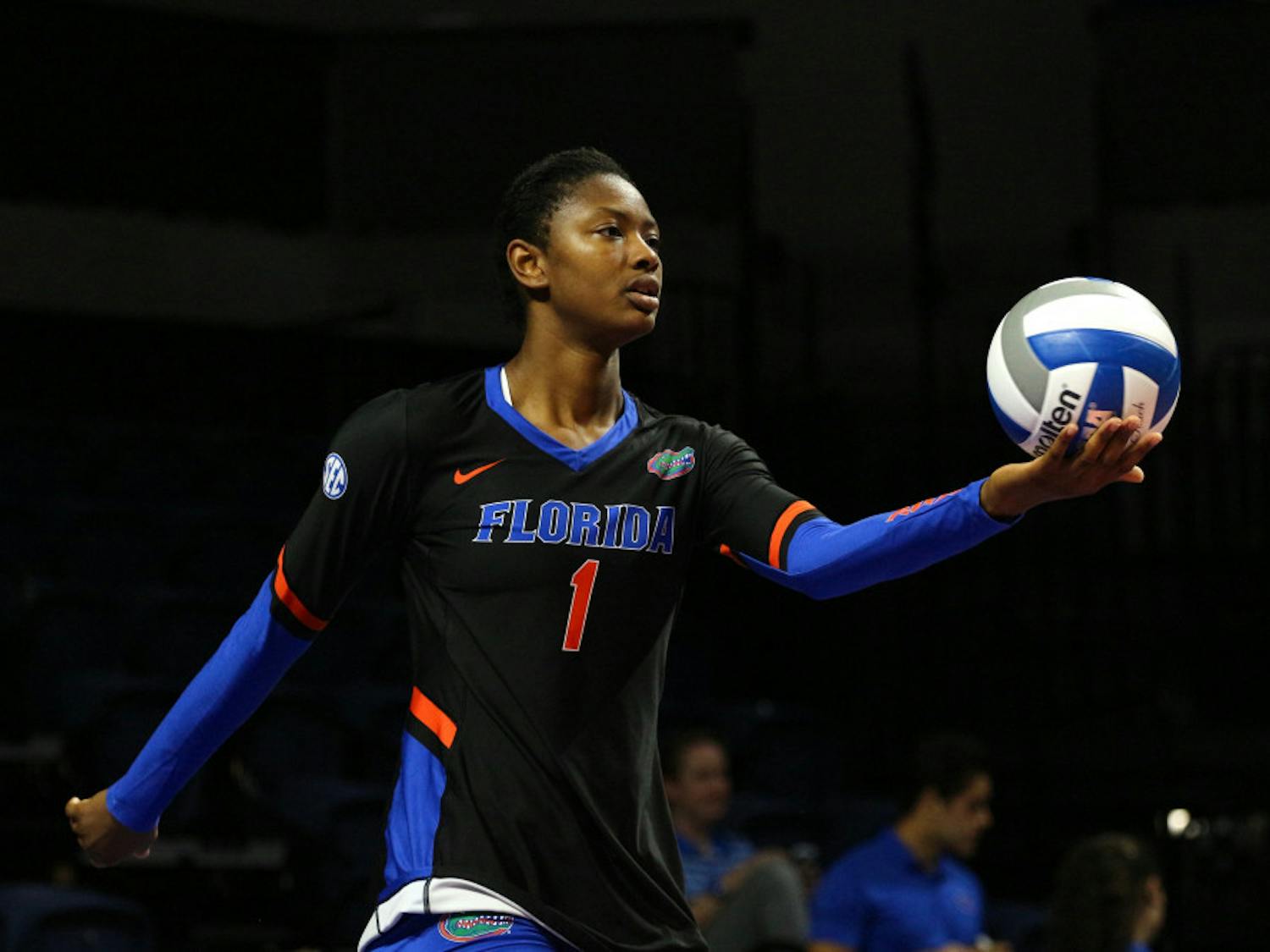 UF middle blocker Rhamat Alhassan holds the ball during Florida's 3-0 win against Florida A&amp;M on Friday at the O'Connell Center.