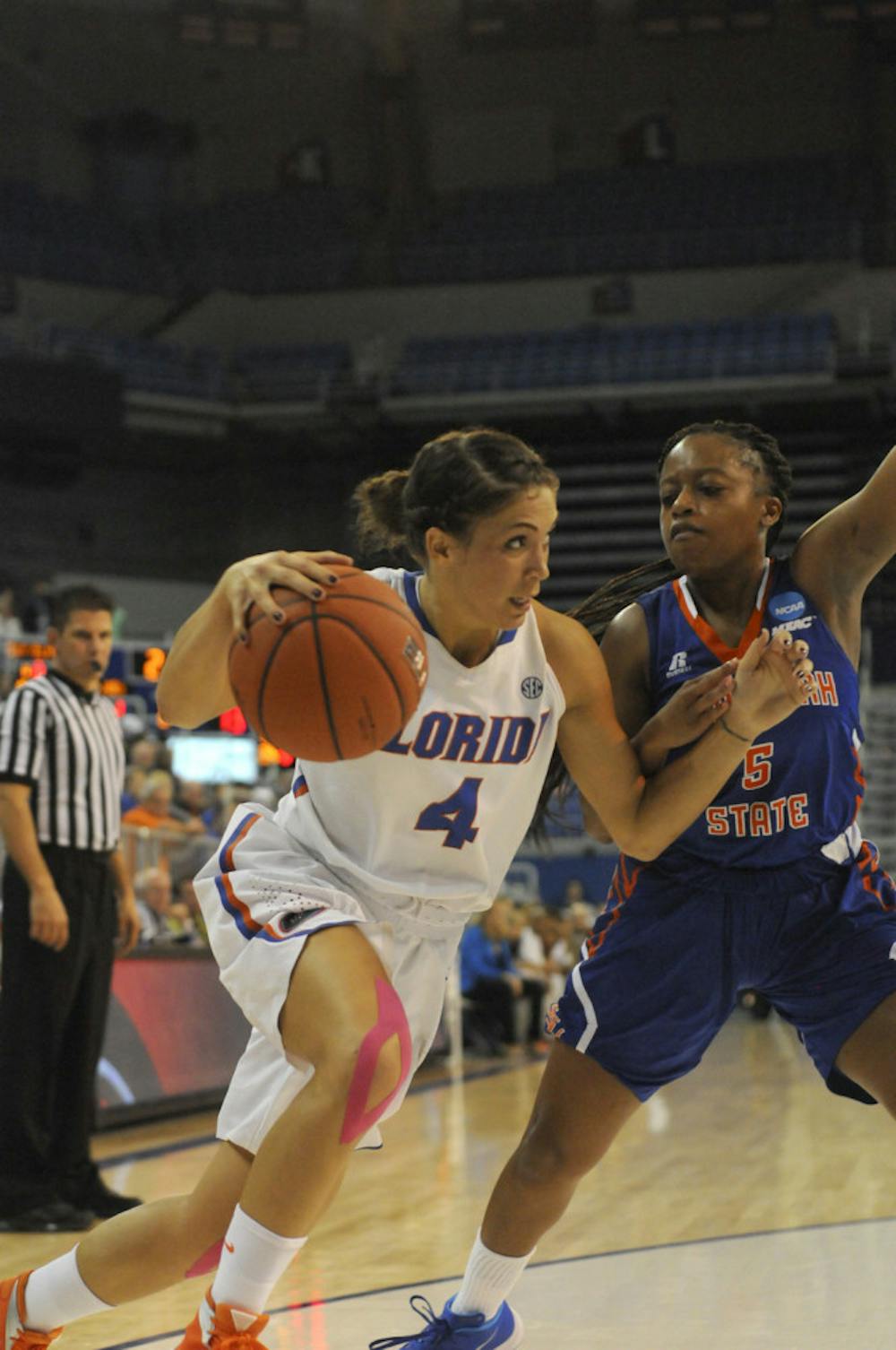 <p>UF guard Carlie Needles drives into the paint during Florida's win against Savannah State on Nov. 24, 2015, in the O'Connell Center.</p>