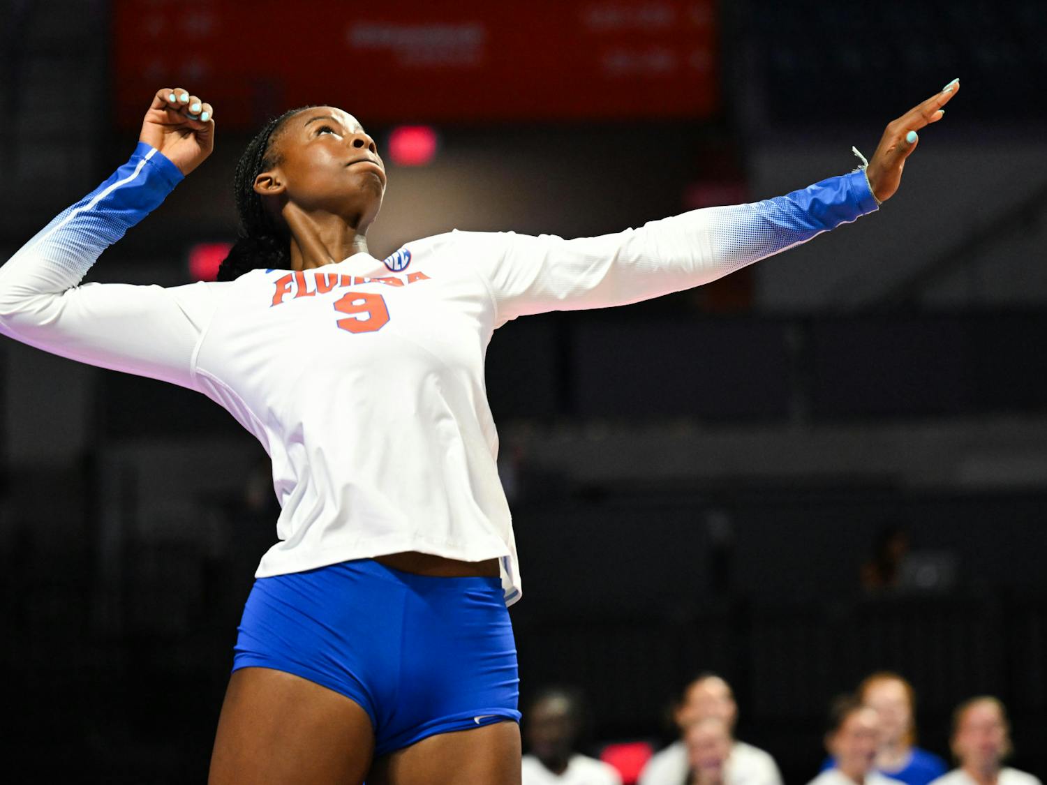 Florida Gators outside hitter Aniya Madkin (9) hits a serve in a volleyball match against PVK Olymp Praha of the Czech Republic, on Tuesday, Aug. 26, 2025, at the O'Connell Center in Gainesville, Fla.