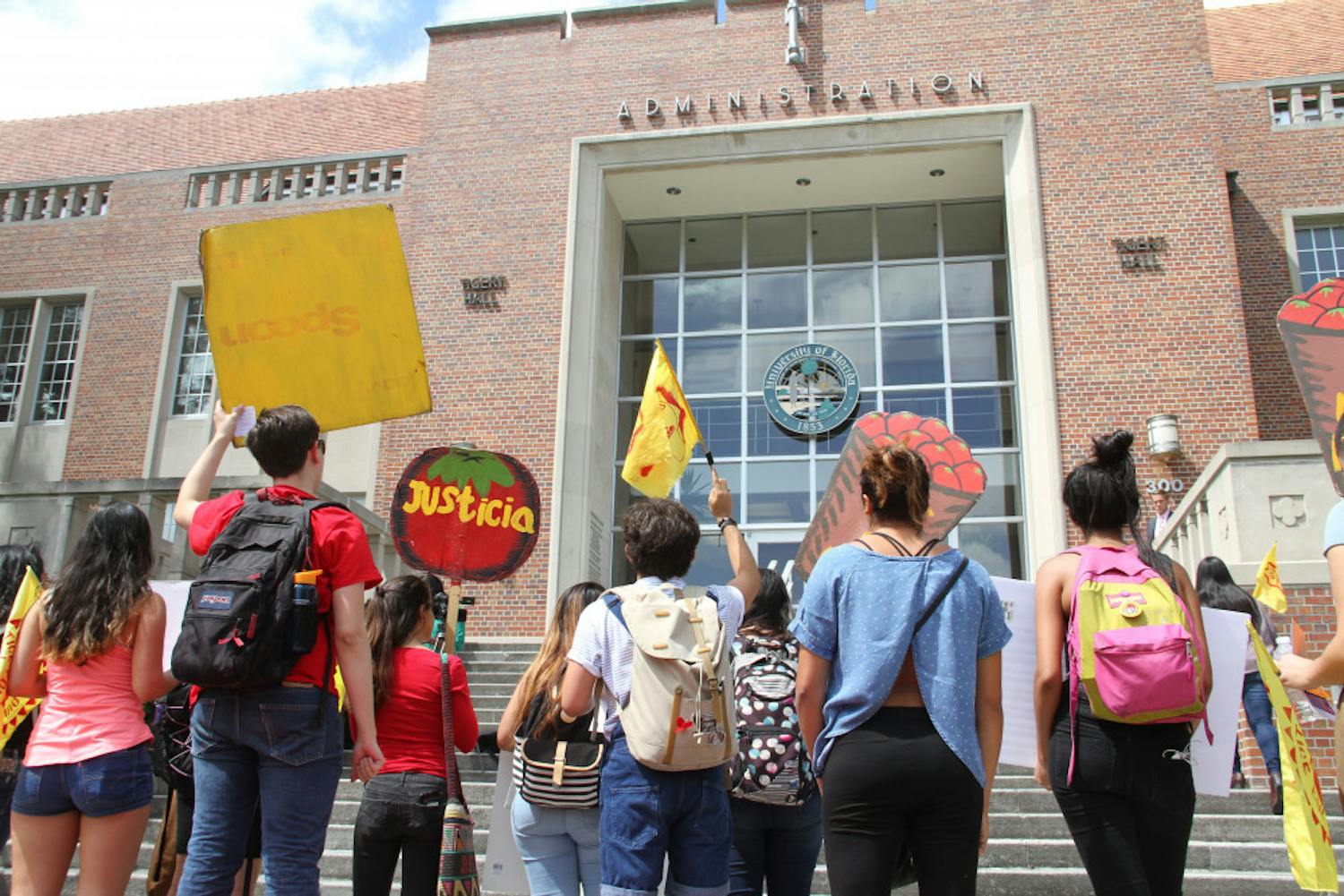 Protesters walked from the Reitz Union, where the on-campus Wendy’s location is, to Tigert Hall  on Thursday afternoon to demand that the school’s administration tells the fast food chain to sign onto the Fair Food Program, which works to protect farmers’ rights. Before they marched, speakers told the group of about 20 students Wendy’s was not serving the interests of migrant farmers.
Organizer Daphne Fernandez said all workers deserve a living wage.
“Having Wendy’s on this campus is an ethical dilemma,” she said. “We are going to pressure Fuchs to remove Wendy’s from our campus.”
 