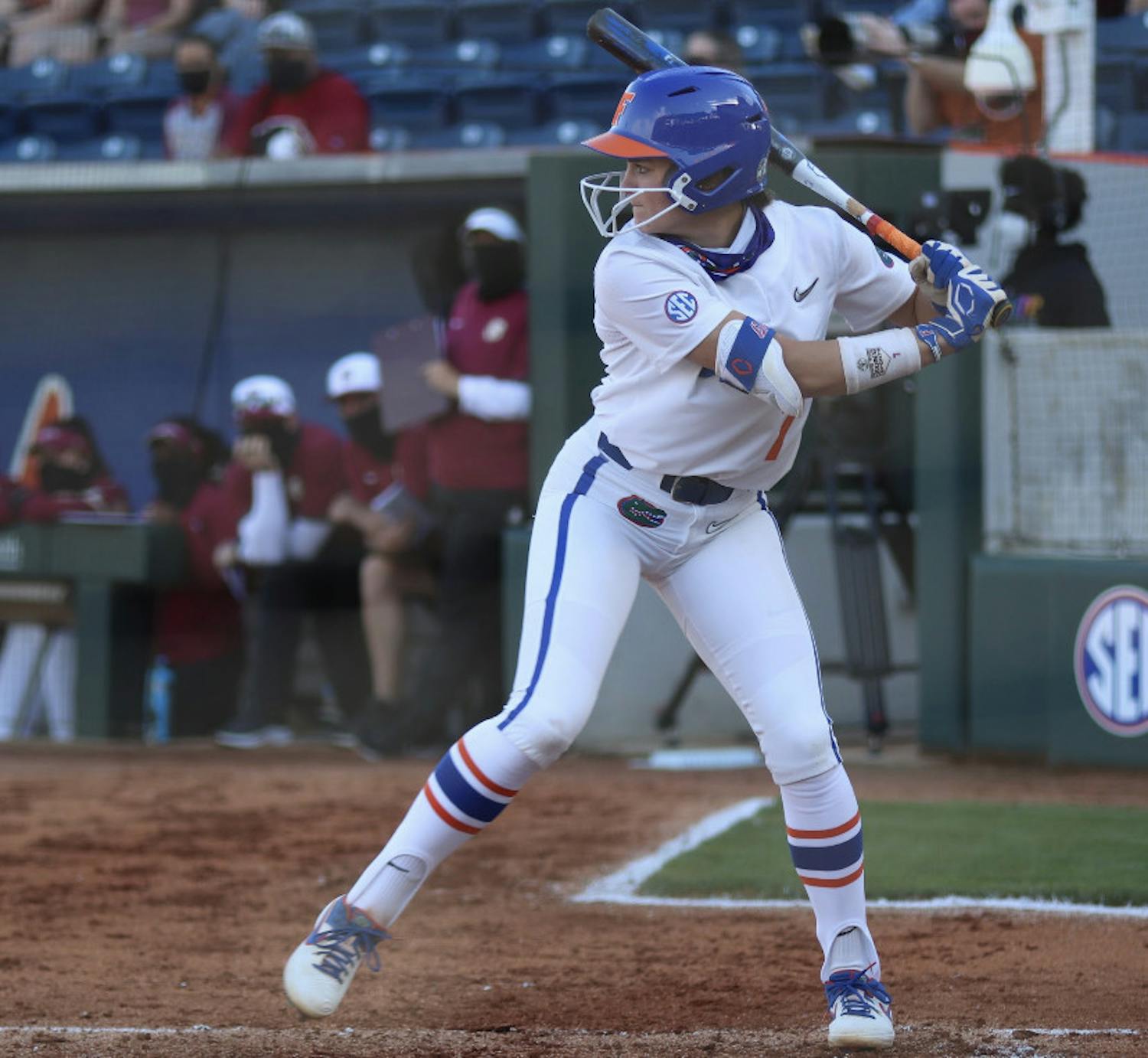 Infielder Hannah Adams prepares her swing March 3, 2021 against Florida State. Adams returned to action Wednesday against Texas A&amp;M.