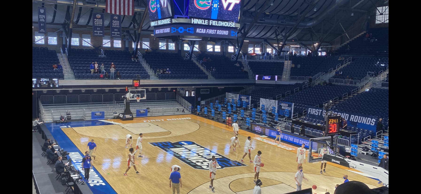 Florida warms up at the hallowed Hinkle Fieldhouse before it’s first-round game against Virginia Tech Mar. 19
