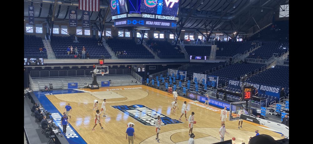 <p>Florida warms up at the hallowed Hinkle Fieldhouse before it’s first-round game against Virginia Tech Mar. 19</p>