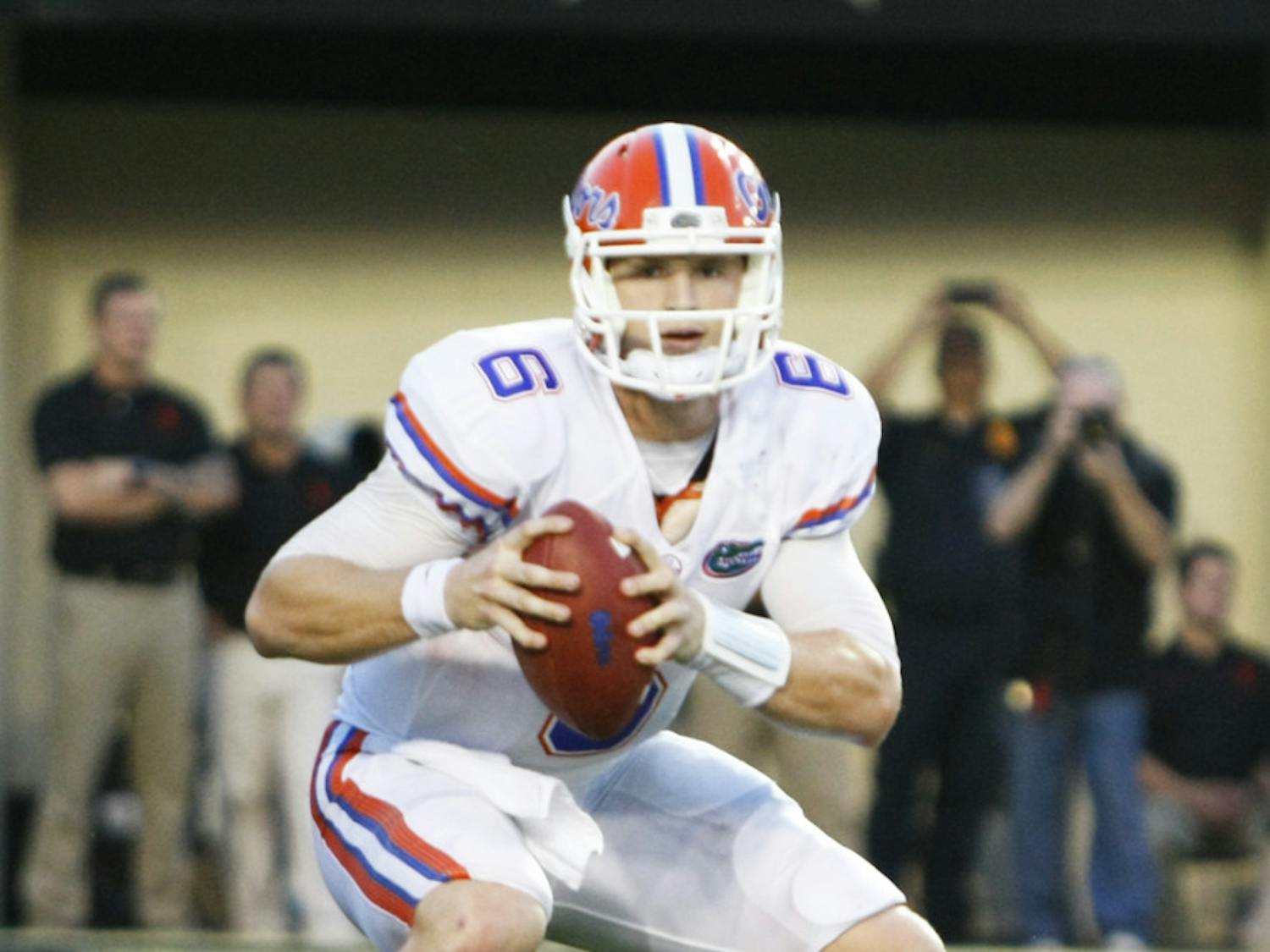 Sophomore quarterback Jeff Driskel escpaes the pass rush against Vanderbilt on Oct. 13 at Vanderbilt Stadium. Driskel will start against Florida State on Saturday despite nursing a sprained right ankle, coach Will Muschamp announced on Wednesday.