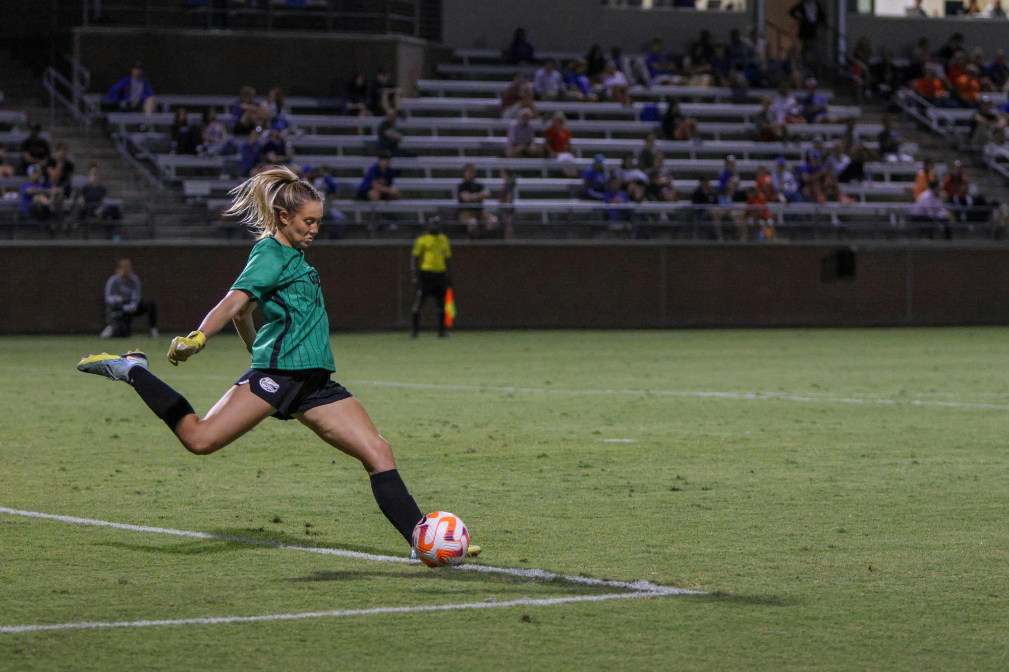 Senior goalkeeper Francesca Faraci filled in for starting goalkeeper Alexa Goldberg left Florida's match against Arkansas with an injury Thursday, Oct. 6, 2022. 