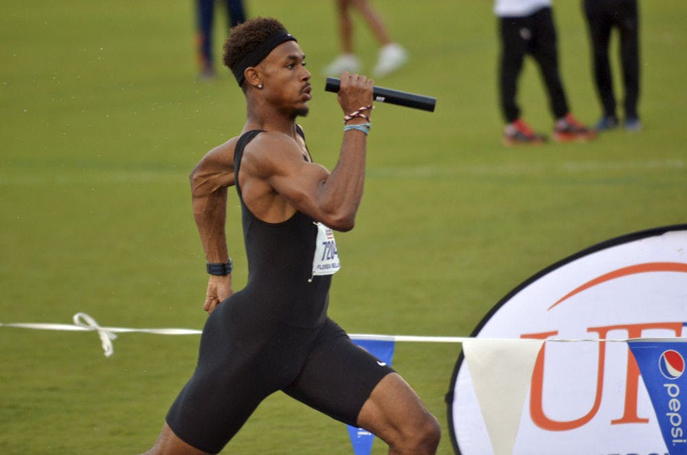 UF’s Najee Glass races the final leg of the 4x400-meter relay to close out the 2015 Florida Relays on April 4, 2015, at the Percy Beard Track.