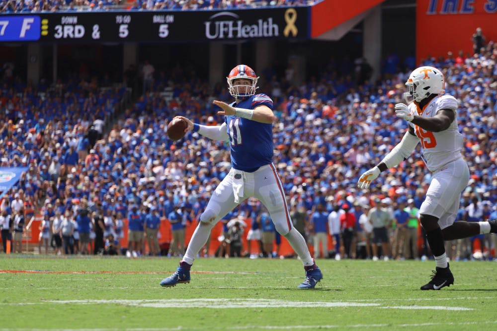 <p>Florida quarterback Kyle Trask drops back in the Gators' home game versus Tennessee last season. In 2020, Trask has completed 71.9% of his passes, thrown 14 touchdowns to just one interception and is averaging 9.7 yards per attempt. </p>