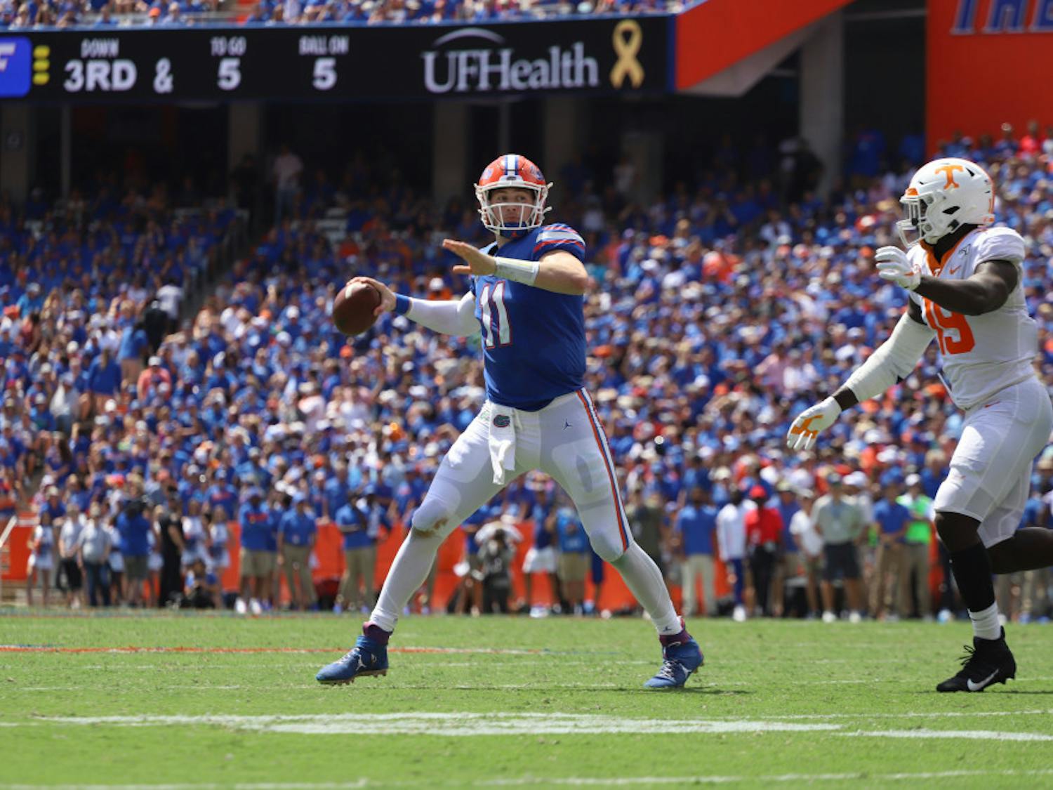 Florida quarterback Kyle Trask drops back in the Gators' home game versus Tennessee last season. In 2020, Trask has completed 71.9% of his passes, thrown 14 touchdowns to just one interception and is averaging 9.7 yards per attempt.