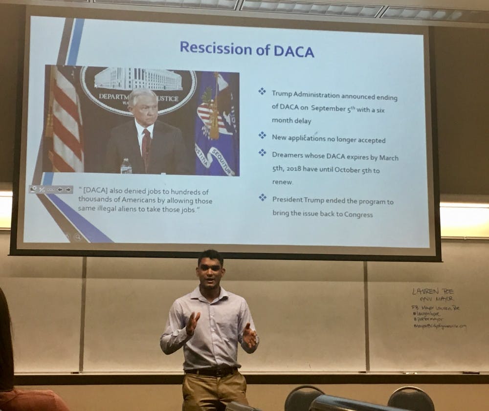 <p><span>Giancarlo Tejeda, an undocumented UF student, presents information about the Deferred Action for Childhood Arrivals program.</span></p>